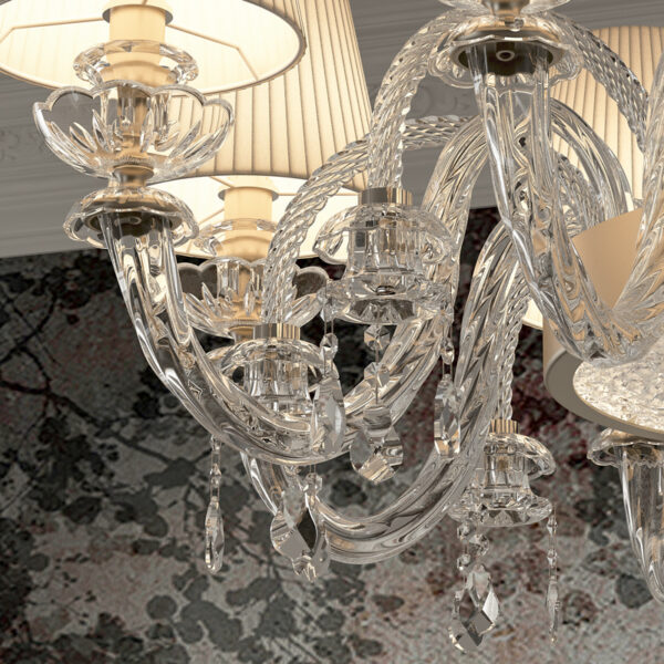 LAMPADARIO dalle ampie braccia in vetro di Murano soffiato a mano, paralume in tessuto e illumnazione a LED: Intrecci 1300/
