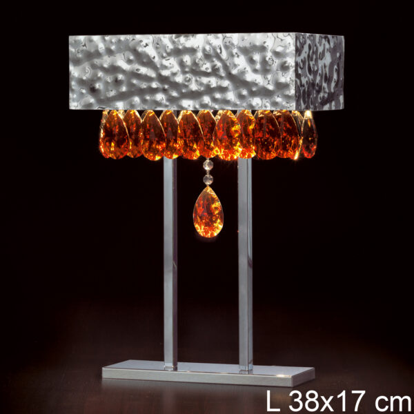 Lampada da tavolo design 450/L Patrizia Volpato gocce di cristallo di Murano arancione e struttura metallo martellato collezione Magma