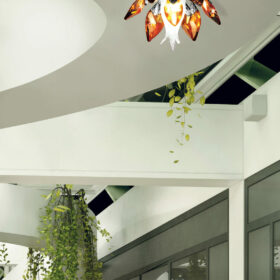 Faretto soffitto Patrizia Volpato 470/F con struttura oro lucido 24 carati o cromo lucido e gocce di cristallo colorato collezione Spot Lights