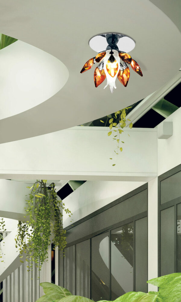 Faretto soffitto Patrizia Volpato 470/F con struttura oro lucido 24 carati o cromo lucido e gocce di cristallo colorato collezione Spot Lights
