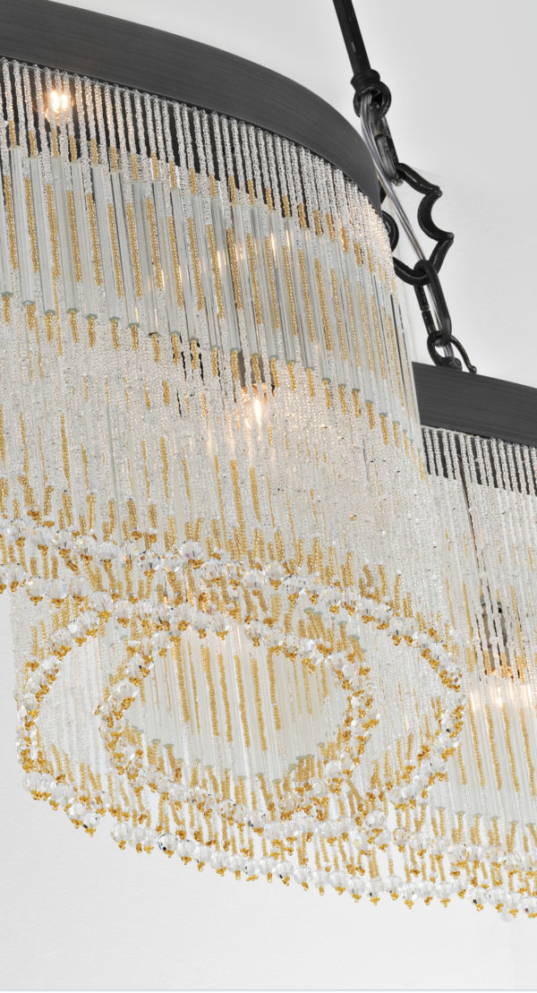 SOSPENSIONE con frangia lavorata a mano fatta di perline in vetro di Murano trasparenti e/o ambra, montatura in bronzo, tortora o grigio: Venezia 4810/S