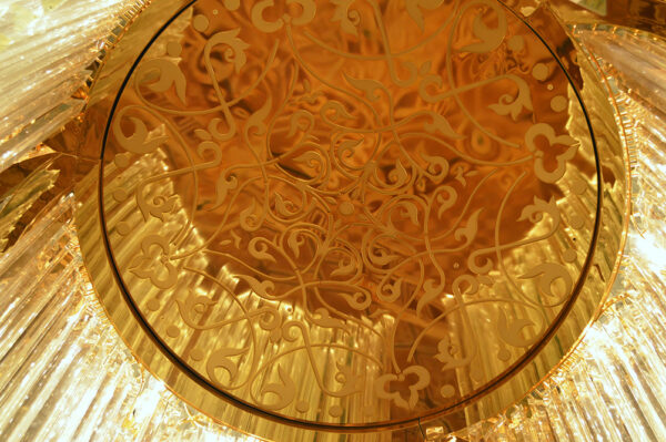 Dettaglio plafoniera vetro Murano 5003/PL con finitura oro collezione Cristalli Patrizia Volpato