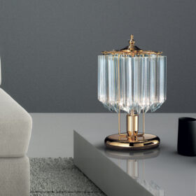 Lampada da tavolo design 5005/L triedri e quadriedri in vetro di Murano montatura oro 24 carati collezione Cristalli Patrizia Volpato