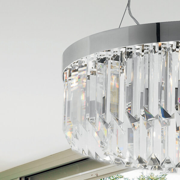 Dettaglio lampadario sospensione Murano 5085/S triedri in cristallo trasparente e montatura cromo collezione Cristalli Patrizia Volpato