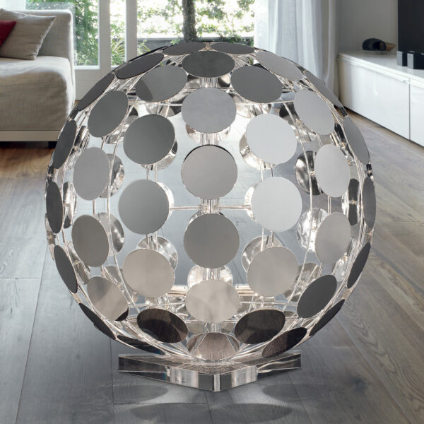 Lampada da terra design 512/LT con dischetti metallici saldati in cromo lucido collezione Sfera Patrizia Volpato