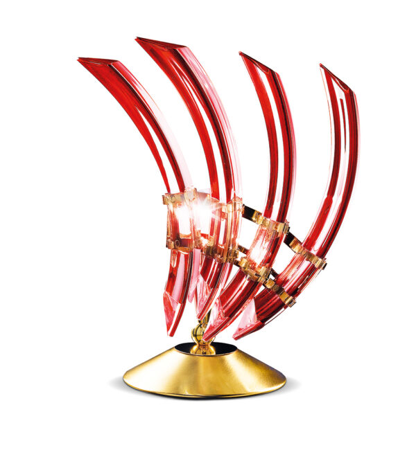 Lampada da tavolo Patrizia Volpato 522/LPSX vetro di Murano curvato rosso montatura oro collezione Rondo'