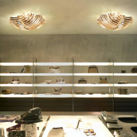 Plafoniera soffitto 523/PL vetro di Murano curvato oro a sezione triangolare collezione Rondo'