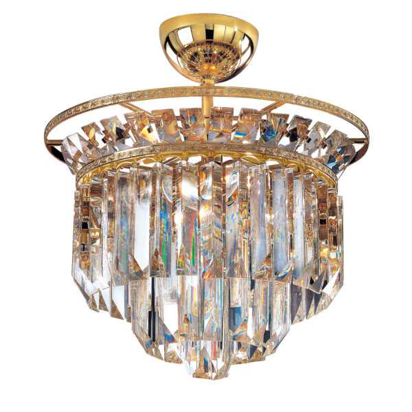 Plafoniera design Patrizia Volpato 6026/PL montatura oro 24 carati e triedri e quadriedri in vetro di Murano collezione Cristalli