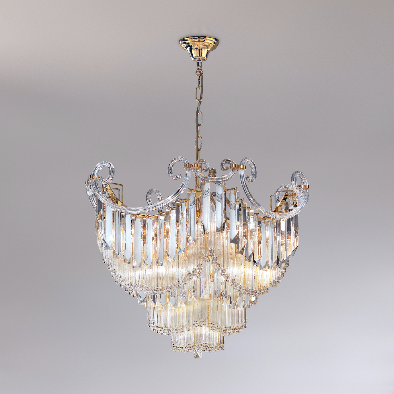 Lampadario vetro Murano Patrizia Volpato 6038/70 con triedri e quadriedri collezione Cristalli