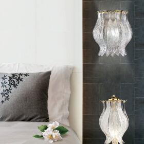 Lampada da tavolo design Patrizia Volpato 8002/L foglie in vetro di Murano e graniglia di cristallo montatura oro 24 carati collezione Petali