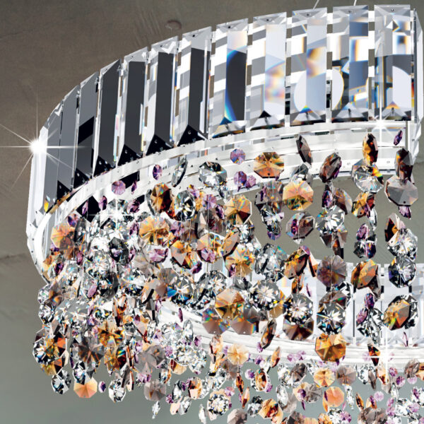Dettagli plafoniera soffitto Patrizia Volpato 9260/S struttura semicircolare e pendenti in cristallo collezione Diadema