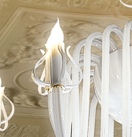 Lampadario dalle ampie braccia in vetro di Murano bianco latte con fiori in vetro pirex: Intrecci 2022-24