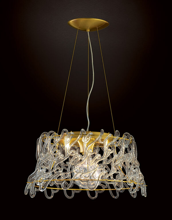 Lampadario a sospensione design 500-S Patrizia Volpato struttura oro ganci di vetro Murano collezione Legami