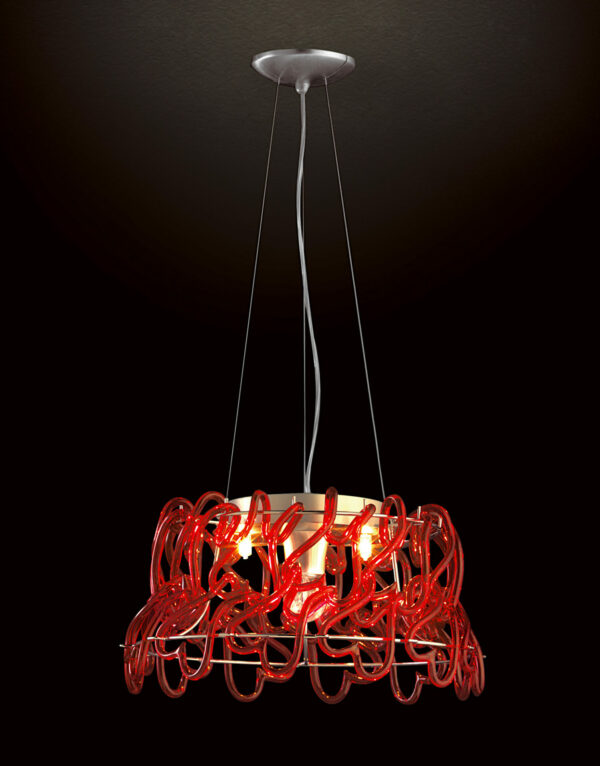 Lampadario vetro di Murano rosso 500-S a sospensione Patrizia Volpato struttura cromo collezione Legami