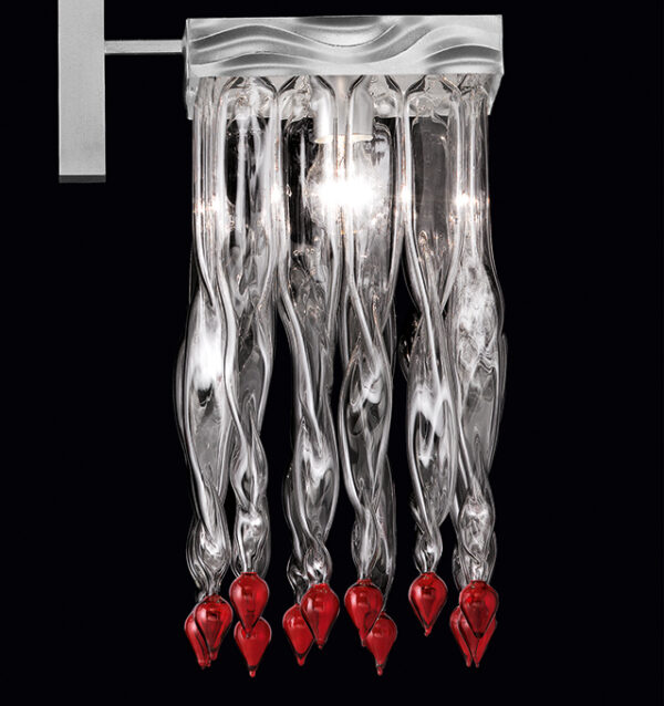 Lampadario led dimmerabile Patrizia Volpato 530/S collezione Alaska vetro Murano rosso e trasparente struttura argento