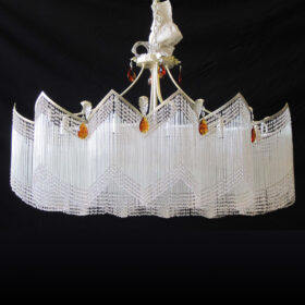 Lampadario a sospensione Murano 540-S cannuce di opale e cristalli sfaccettati, struttura foglia argento collezione Cannucce Patrizia Volpato