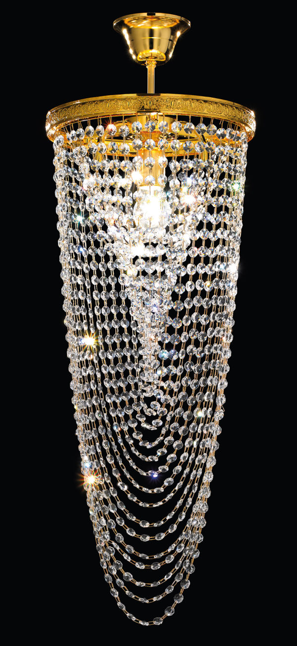 Lampadario sospensione Murano Patrizia Volpato 7032-30 h87 collezione Quarzo con cristallo di Murano sfaccettato e struttura oro