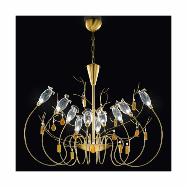 Lampadario sospensione Murano 390-S collezione Bon Ton strtuttura metallica rifinitura oro e design floreale Patrizia Volpato