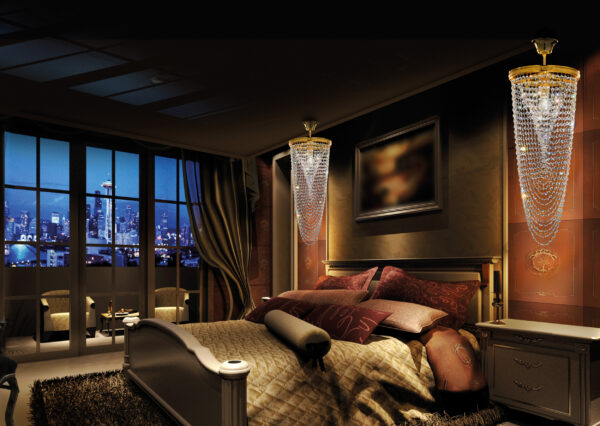 Lampadario camera da letto Murano 7032 con ottagoni di cristallo e rifinitura oro collezione Quarzo Patrizia Volpato