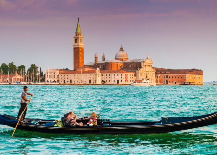 Gondola with San Giorgio Maggiore at sunset, Venice, Italy